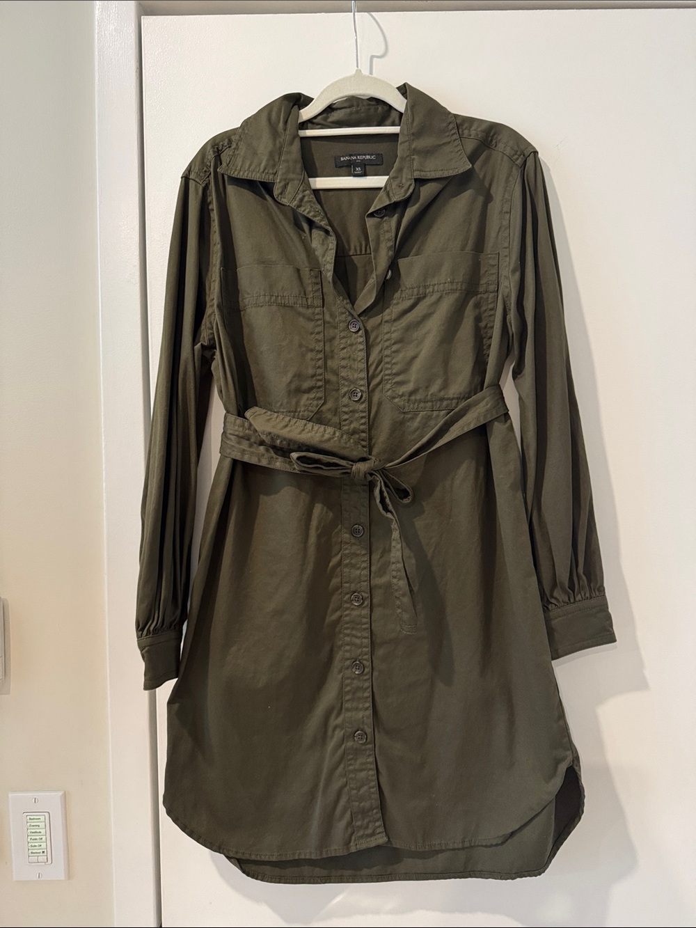 BANANA REPUBLIC Olive Green Button-Down Shirt Dress with Waist Tie